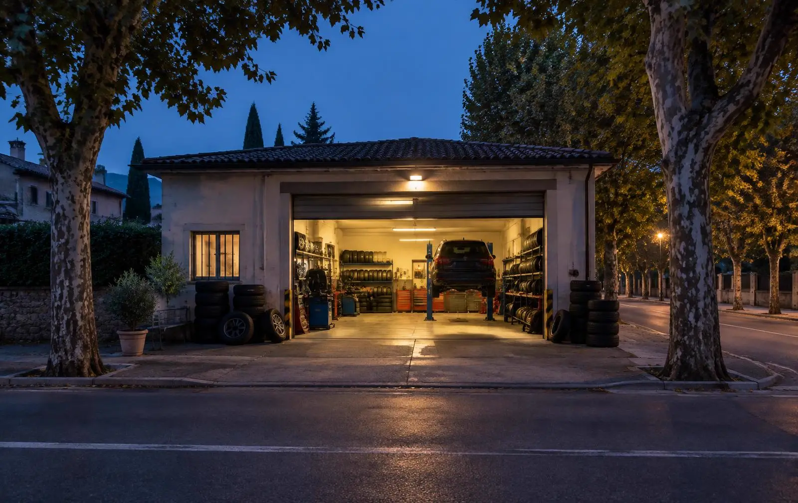 Esterno dell'officina Rosà Gomme al crepuscolo